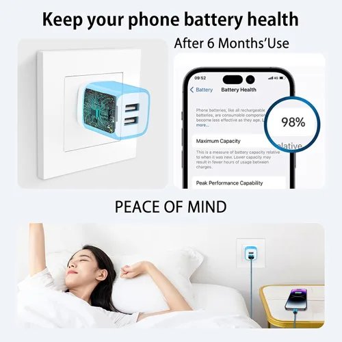 Vista 5 de Bloque de cargador de pared, enchufe de pared USB, paquete de 3 cubos de carga rápida USB doble cargador de teléfono celular, adaptador de corriente