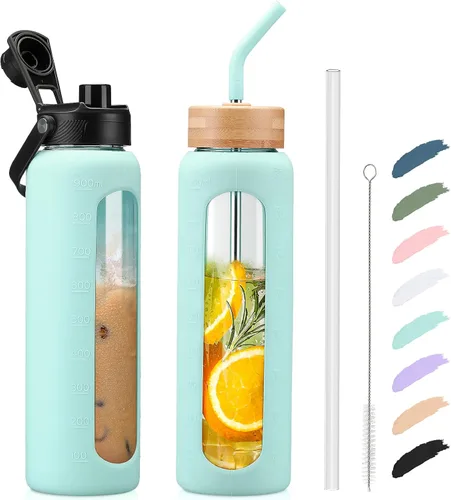 Vista 66 de Botella de agua Kodrine con pajita, botella de vidrio de 24 oz con 2 tapas, una de pajita de bambú y otra con pico y asa, botella de vidrio