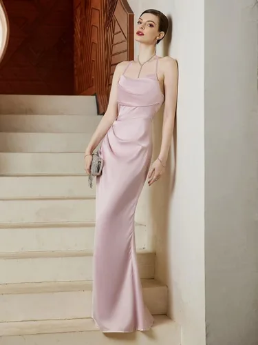 Vista 4 de Vestidos de dama de honor de sirena halter vestidos simples de satén para baile de graduación, tirantes delgados, vestido formal con cuello vuelto