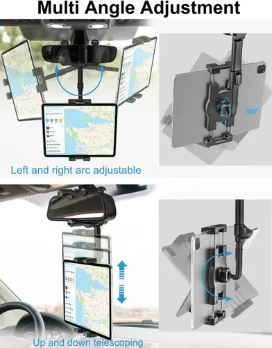 Vista 5 de Soporte para tableta de espejo retrovisor para automóvil, soporte para tableta de automóvil, clip universal giratorio de 360°, para iPad Pro Air