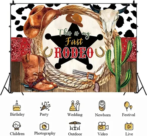 Vista 5 de This is My First Rodeo Western Cowboy - Telón de fondo de cumpleaños occidental para niñas y niños, decoración de fiesta de cumpleaños, baby shower