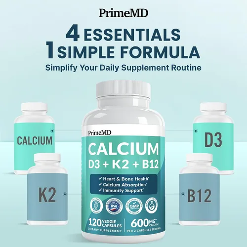 Vista 3 de Suplementos de calcio 4 en 1 para mujeres y hombres - Suplemento de calcio con vitamina D3 K2 5000 UI, 601 mg por porción - Sin gluten, apto