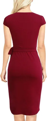 Vista 2 de Liyinxi Vestido cruzado de imitación para mujer, estilo retro de los años 50, manga casquillo hasta la rodilla, para negocios, casual, fiesta