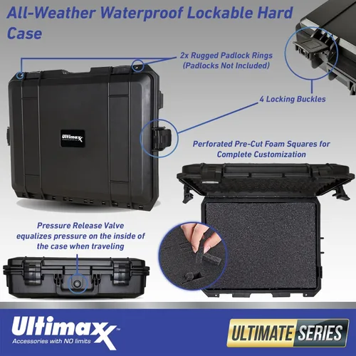 Vista 2 de Ultimaxx Estuche rígido impermeable con cerradura para todo tipo de clima, para uso con cámaras, drones, equipos de topografía, equipo de pesca