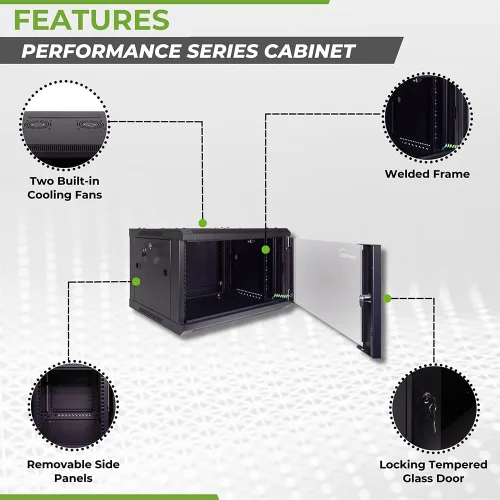 Vista 2 de NavePoint 6U gabinete de servidor para montaje en pared con estantes y puerta de vidrio con llave, incluye 2 ventiladores, paneles laterales