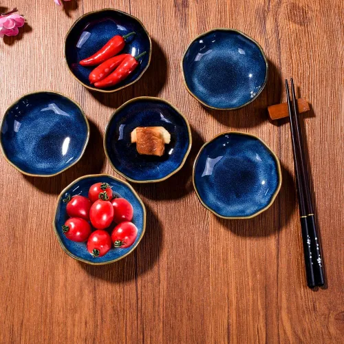 Vista 3 de Juego de 6 platos de cerámica para salsa de soja para condimentos de sushi (horno azul)