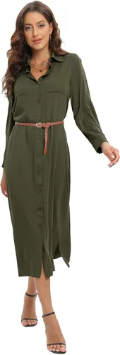Vista 4 de ETOSELL Vestido largo de manga enrollada con botones y abertura para mujer, elegante, casual, con cinturón