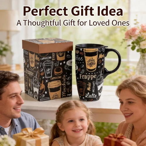 Vista 6 de Topadorn Taza de Café de Cerámica Taza de Viaje Regalo con Tapa 17oz, Taza de Té Alta de Porcelana con Asa para el Hogar y la Oficina, Taza