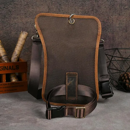 Vista 4 de Riñonera de viaje de lona + cuero para motocicleta, bolsa de cintura para muslo, bolsa para hombres y mujeres FB2141