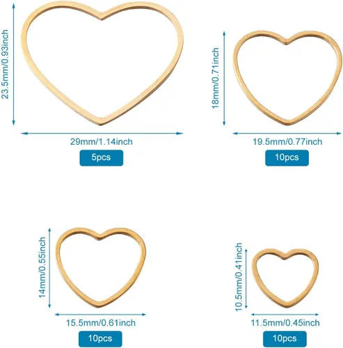 Vista 6 de FASHEWELRY 35 anillos de acero inoxidable con eslabones de corazón, 4 tamaños, diseño de corazón dorado, bisel abierto, conectores para colgar