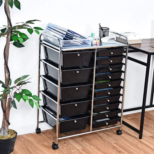 Vista 5 de Carrito de almacenamiento rodante de 15 cajones, carrito de utilidad móvil con ruedas con candado, cajones, carrito organizador multiusos para Negro