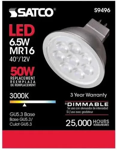 Vista 3 de Satco Lighting - Bombillas LED MR16 de bajo voltaje regulables de 6.5 W, blanco suave de 3000 K, ángulo de haz de 40 grados, base GU5.3, 12 voltios