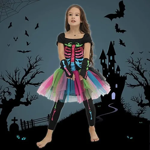 Vista 3 de EraSpooky Disfraz de esqueleto de Halloween para niña, falda tutú, cosplay aterrador