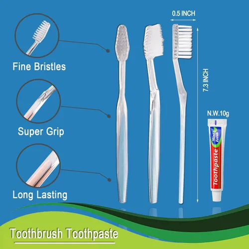 Vista 3 de Paquete de 50 cepillos de dientes desechables con pasta de dientes con 150 púas de hilo dental envueltas individualmente
