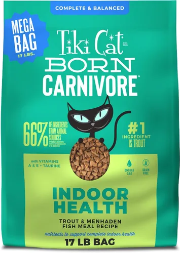 Vista 11 de Comida seca para gatos de interior Tiki Cat Born Carnivore Health, Harina de pescado de trucha y menhaden, Bolsa de 3 libras