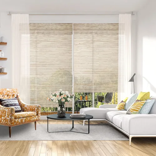 Vista 2 de Persianas de Bambú Opacas sin Cordón para Ventanas, Persianas Romanas de Filtrado de Luz con Cenefa de 6 Pulgadas de Alto, con Forro Oscurecedor