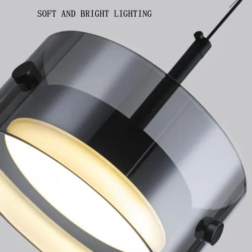 Vista 6 de Modern 2 Pack Cylindrical Pendant Light Fixtures, Nordic 6.3in Smoke Gray Glass Shade Ceiling Hanging Lighting, Dimmable and Adjustable Height