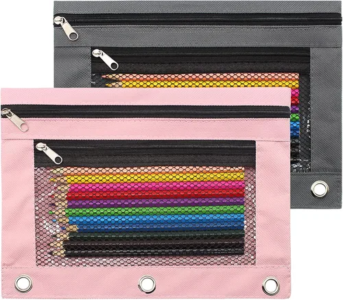 Vista 8 de Estuche para lápices de 3 anillos con cremallera, estuche de lona con 2 compartimentos (juego de 2, negro)