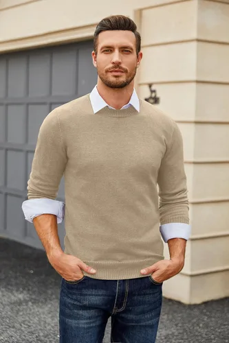 Vista 3 de COOFANDY Suéter de cuello redondo para hombre, sudaderas ligeras, suéter de punto, suéter de manga larga casual a la moda