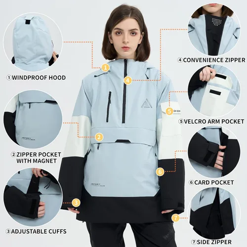 Vista 5 de Chaqueta de esquí Anorak de snowboard Abrigo sudadera holgada con capucha de nieve aislada impermeable cálido para mujeres y hombres