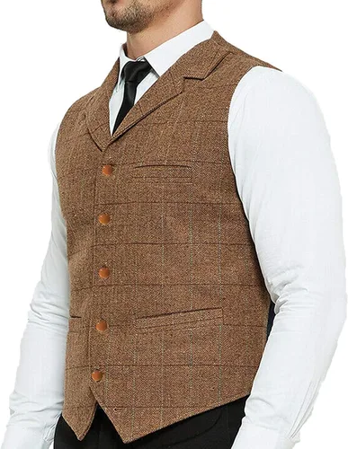 Vista 4 de Chalecos formales de tweed para hombre, chaleco a cuadros para boda, vintage, de lana, espiga retro