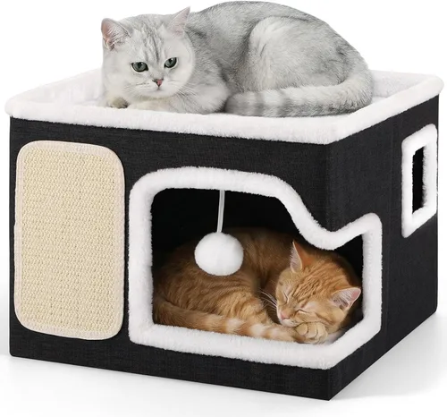 Vista 9 de Camas dobles para gatos de interior, casa para gatos de 2 pisos con grandes y acogedores escondites, cubo cueva de doble propósito con almohadillas