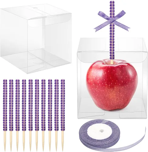 Vista 10 de 10+10 cajas de manzana de caramelo con agujero y palos, 10 palitos de manzana con diamantes de imitación brillantes, 10 cajas con agujero, cinta