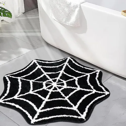 Vista 9 de Meetory Alfombra de baño de Halloween – Tapete de baño de telaraña, lavable a máquina, tapete gótico para Halloween, tapete de baño gótico