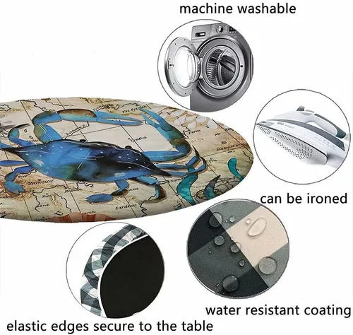 Vista 5 de Mantel ajustable con temática náutica con diseño de cangrejo, mapa de vida costero azul del océano, borde elástico, cubierta impermeable y lavable