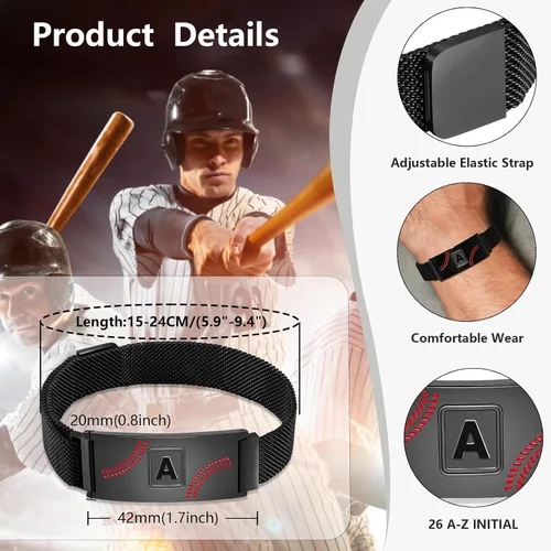 Vista 5 de Fervia Regalos de graduación de Pascua para hombres, pulsera con inicial de béisbol, color negro, plateado, dorado, acero inoxidable, pulseras