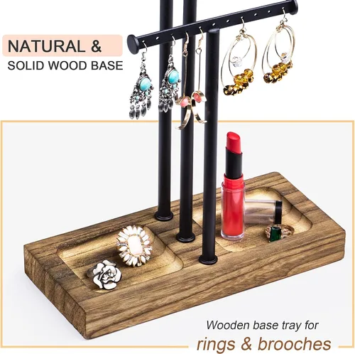 Vista 7 de Love-KANKEI Soporte organizador de joyas con base de metal y madera y almacenamiento grande para collares, pulseras, aretes, organizador negro
