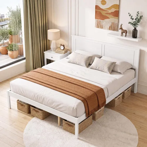 Vista 14 de KOMFOTT Twin Size Bed Frame, Farmhouse Wooden Platform Bed with Headboard Walnut