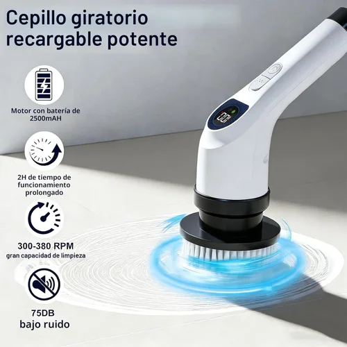 Vista 2 de Cepillo Eléctrico Giratorio para Limpieza - Cepillo de Ducha con Mango Largo y 7 Cabezales Reemplazables - Cepillo de Ducha Inalámbrico de 2