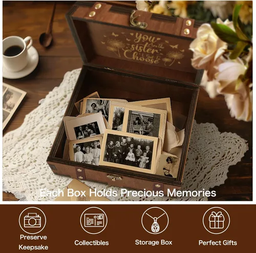 Vista 3 de MACEVIA Caja de Recuerdos de la Amistad, Pequeña Caja de Memoria de Madera para Hermanas, Eres La Hermana Que Pude Elegir - Mini Cajas Grabadas 02