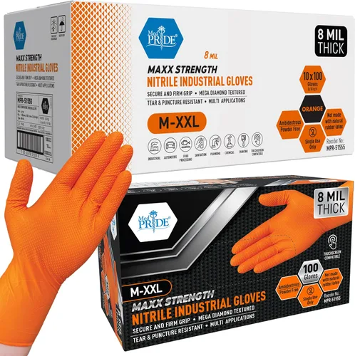Vista 8 de MED PRIDE Maxx Strength - Guantes industriales de nitrilo naranja, 8 mil de grosor, textura de diamante, desechables, resistentes, resistentes a