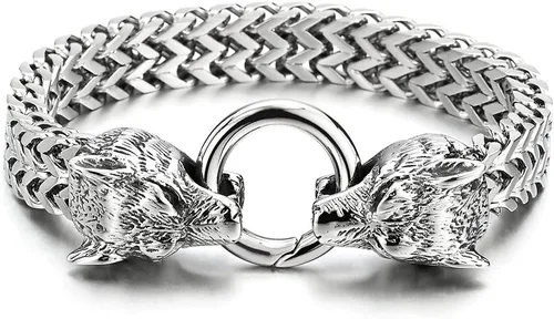 Vista 2 de COOLSTEELANDBEYOND Biker - Pulsera de acero inoxidable para hombre con cabeza de lobo con cierre de anillo de resorte