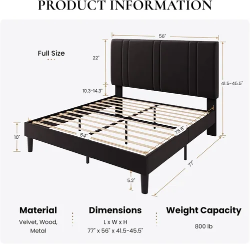 Vista 2 de SHA CERLIN Base de cama de plataforma de tamaño completo, cama tapizada de terciopelo con cabecera ajustable, diseño capitoné de canal vertical