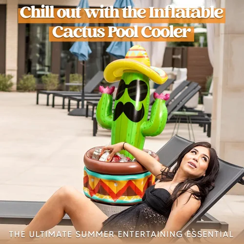 Vista 3 de JOYIN Enfriador inflable de cactus de 43 pulgadas con sombrero para fiestas, suministros de fiesta del Cinco de Mayo, enfriador inflable