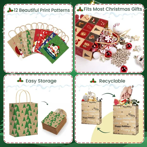 Vista 4 de DeckTheHalls Paquete de 12 Bolsas de Regalo de Navidad con 12 Estampados Elegantes, Bolsas Tote de Navidad con Asa Resistente, Bolsas de Regalo