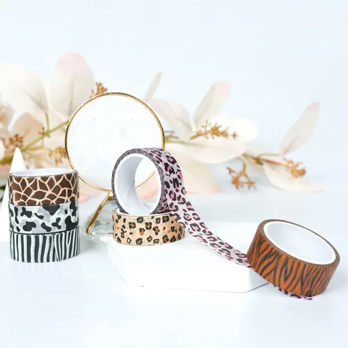 Vista 3 de DREMISI 6 rollos de calcomanías de cinta washi con estampado de animales, guepardo, vacas, cebra, jirafa, leopardo, cinta adhesiva decorativa