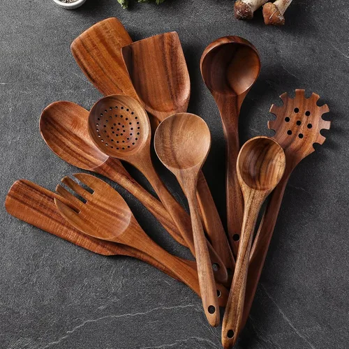 Vista 3 de Cucharas de madera para cocinar, juego de 12 utensilios de cocina de madera antiadherentes con agarre cómodo, 100% madera de teca natural