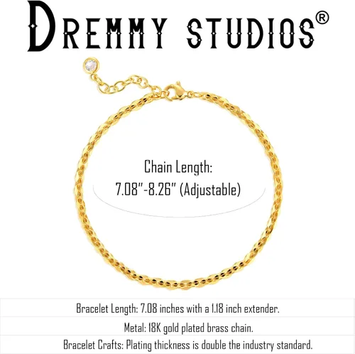 Vista 4 de Dremmy Studios Pulsera de oro para mujer, chapada en oro de 18 quilates, delicado clip de circonita cúbica, disco de moneda, estrella, cable