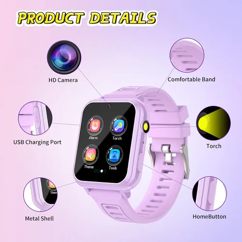 Vista 7 de Vakzovy Reloj inteligente para niños y niñas, reloj inteligente para niños de 4 a 12 años con 24 juegos, cámara HD, reproductor de música