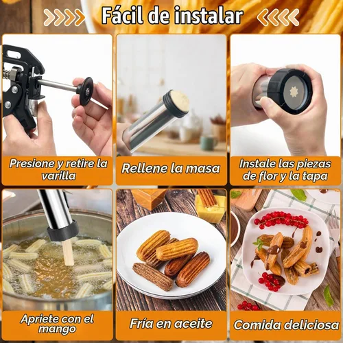 Vista 4 de 1+8PCS Churro Maker Kits, acero inoxidable Churro Maker Machine/ 3 piezas de flores/2 cepillos/bolsa de tuberías/boquilla de tubería/convertidor