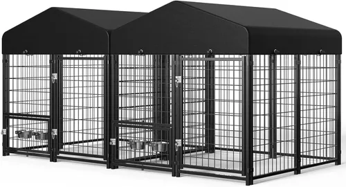 Vista 12 de Perrera para Perros al Aire Libre, Perrera para Perros con Techo y Comederos Giratorios/Puerta para Perros Desmontable Permite Conectar Su Casa