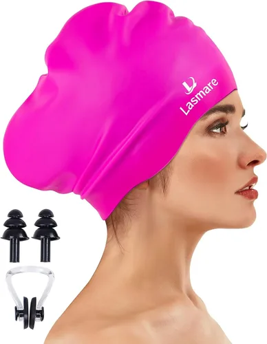 Vista 14 de Large Long Hair Swim Cap with Extra Room for Women Men, Silicone Swimming Cap for Long Thick Hair with Ear Plugs Nose Clip Set, Adult Waterproof