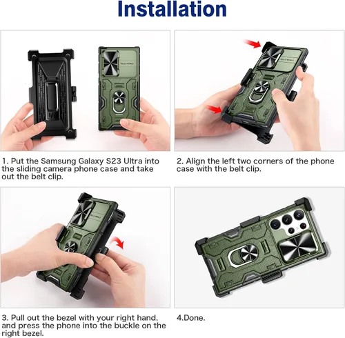 Vista 8 de VEGO Funda para Galaxy S23 Ultra con soporte, protector de lente de cámara deslizante y funda resistente con clip para cinturón, cubierta protectora
