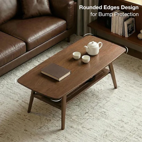 Vista 4 de Mesa auxiliar de madera maciza de 2 niveles para sala de estar (nogal, 31.49 pulgadas) Mid-century modern design with natural wood grain. Safe and