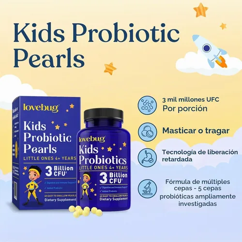 Vista 2 de LoveBug Probiotics: suplemento de probióticos de múltiples cepas para niños pequeños. 60 Esferas fáciles de tragar. 3 mil millones CFU. Comprimidos