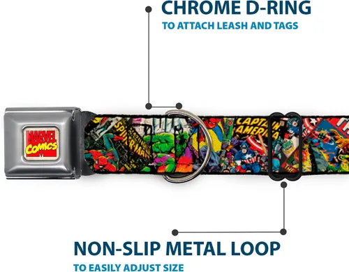 Vista 5 de Buckle-Down Collar de perro con hebilla de cinturón de seguridad, apilado de cómics retro de Marvel, 1 pulgada de ancho, se adapta a cuello de 9 a